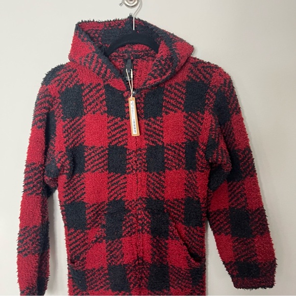 NEW Skims Cozy Unisex Onesie Fleece Hooded Black area Buffalo Check Plaid *T - Picture 6 of 13